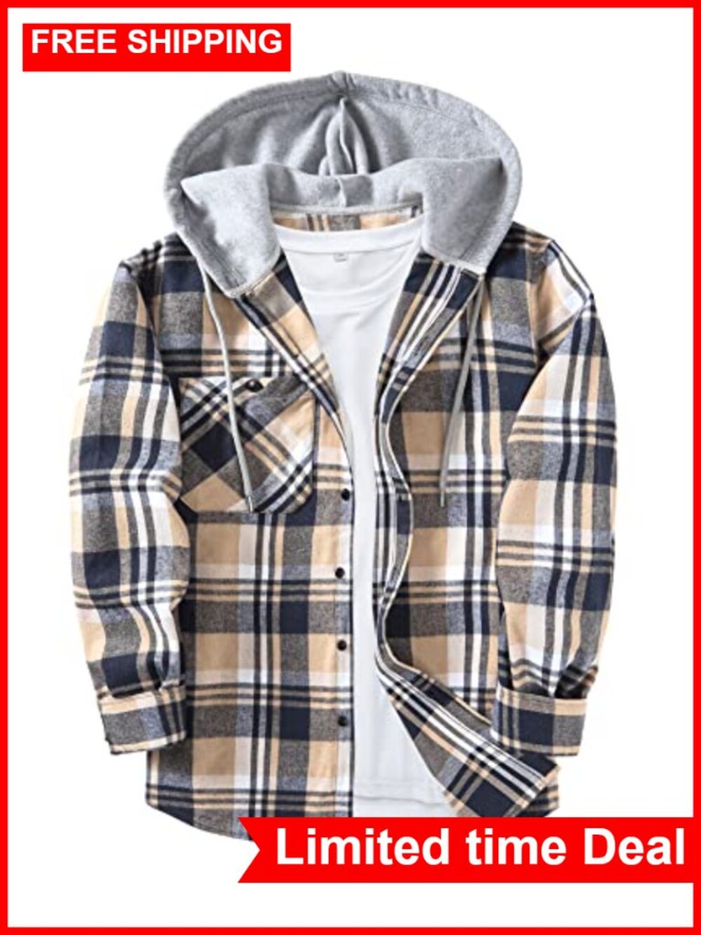 Men's Flannel Hoodie Shirt Casual Button Down Long Sleeve Plaid
